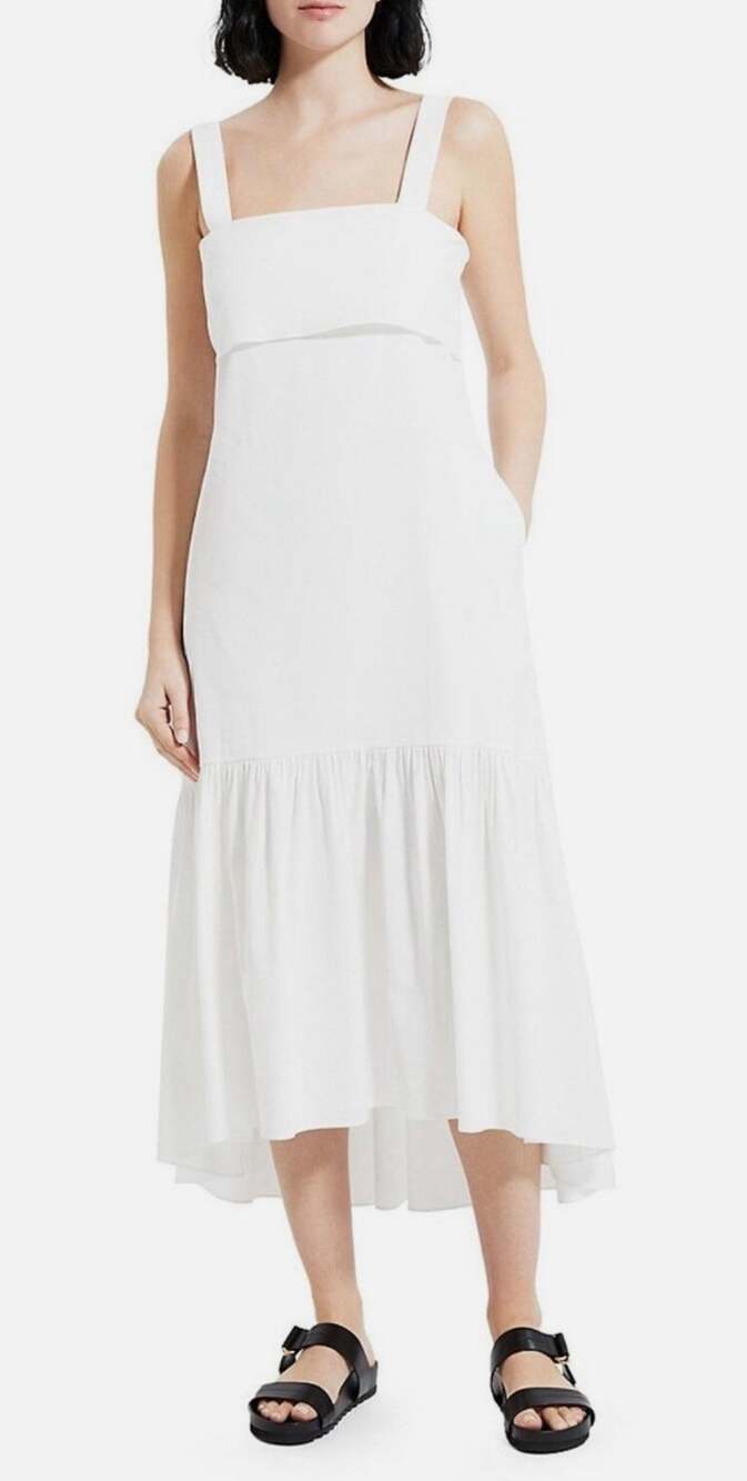 Theory Midi Dress White Linen Blend Tie Back Square Neckline size Small